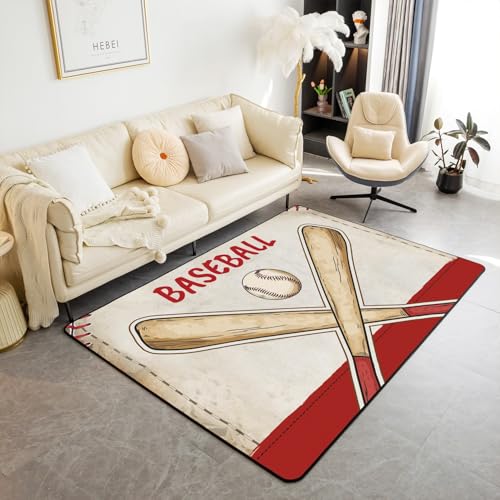 Erosebridal Baseball Area Rug for Kids Boys Girls,Vintage Ball Game Living Room Rugs 3x5,Baseball Bat Rug for Bedside,Red Yellow Sports Game Accent Rug Set Non Shedding - color: Color 05, size: 4'11" x 3'3" (Rectangular)