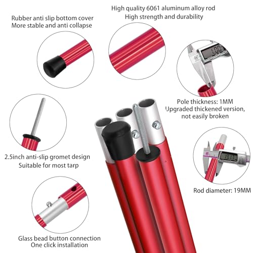 SAN LIKE Aluminum Tent Poles for Tarp - 75inch Adjustable Collapsible Poles for Awnings, Canopy, Rain Fly, Shelter - 2 Sets (5 Sections) - color: Red-5 Sections