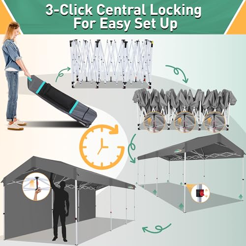 COBIZI Carport 10x30 Pop Up Canopy Car Tent with One Push Center Lock, Outdoor Portable Garage Tents for Parties UPF50+ Waterproof All-Season Car Canopy with Wheeled Bag,3 Sidewalls, Adjustable Height - color: Gray, size: 10x30 FT