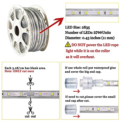SURNIE 150ft LED Rope Lights Outdoor Waterproof: 110V Daylight White Dimmable Flat Strip Light 6500K Cuttable Connectable for Stairs Deck Backyards Commercial Indoor Outdoor Lighting, Not Tube Rope - color: White, size: 150ft