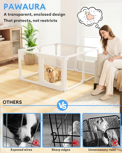 Clear Acrylic Dog Playpen Indoor,Tool-Free Assembly & Easy Clean,24 in Puppy Playpen with Door for Small Dogs/Cats/Rabbits/Pigs/Ferret,Indoor and Outdoor Use,8 Panels(White