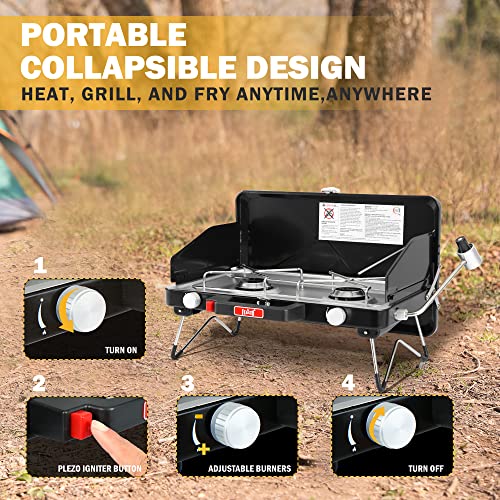 Feasto 2 Burner Propane Camping Stove with Folding Legs, Outdoor Portable Camp Stove with Push-Button Ignition & Wind Guards for Camping, Tailgating, BBQ, & More, Black - color: Black