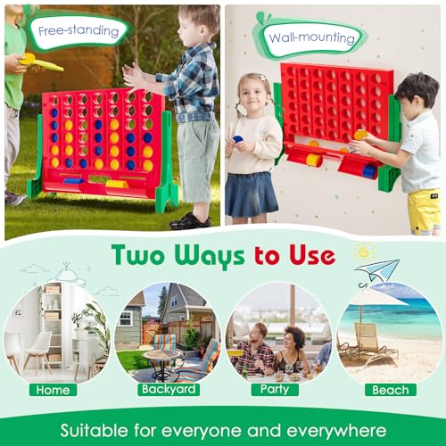 COSTWAY Giant 4-in-a-Row Game with Storage Carry Bag, Jumbo 4-to-Score Game with Chess, Quick Release Slider for Kids Adults, Indoor Outdoor Backyard, Free-Standing/Wall-mounting (Red&Green) - color: Red&green