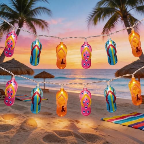 8.5FT Flip Flop String Lights 10 LED Colorful Slipper Lights – Tropical Beach Party Decorations, Waterproof Connectable Outdoor Plug in Fairy Lights for Patio Camping Luau Holiday Decor, UL Listed - color: Beach Slipper
