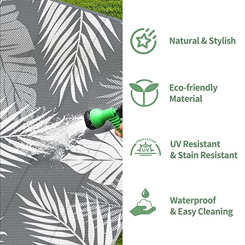 GENIMO Outdoor Rug 8' Round Waterproof for Patios Clearance, Reversible Outdoor Plastic Straw Camping Rug Carpet, Large Area Rugs Mats for RV, Camper, Deck, Balcony, Porch, Beach, Picnic, Grey&White - color: Grey & White | Waterproof, size: 8' (Round)