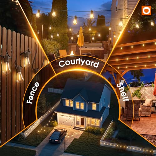 addlon 33FT (27+6) Solar String Lights for Outside Outdoor Waterproof with USB Port & Remote Control Solar Patio Lights Last for 20+Hrs Dimmable Solar Power LED Bulbs Hanging for Porch Garden Bistro - size: 27+6FT(9 Sockets)
