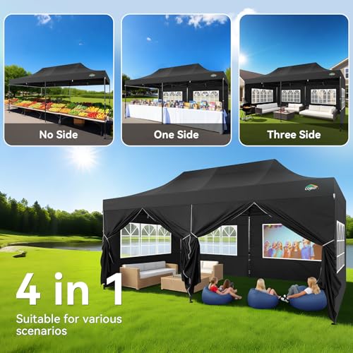 COBIZI 10x20 Heavy Duty Pop Up Canopy Tent with 6 Sidewalls Thicken Frame, Commercial Easy Up Outdoor Wedding Party Tents, All Season Waterproof Windproof with Stakes Sandbags Ropes Roller Bag, Black - color: Black, size: 10x20