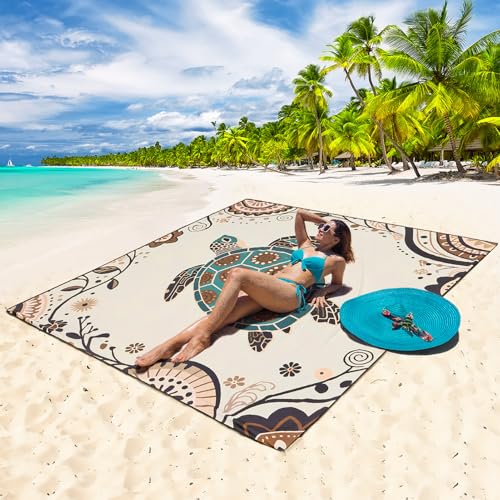 WIWIGO Beach Blanket Waterproof Sandproof Beach Mat 79" X 83"/10'x9'for 2-8 Adults Quick Drying Outdoor Picnic Mat Beach Accessories for Travel, Camping, Hiking - color: Beige Sea Turtle - Mandala, size: 79" X 83"（1-4person）