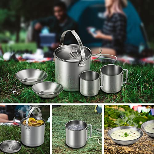 Lixada 5PCS Camping Cookware Set Stainless Steel 1.2L Camping Pot with 2 Cups & 2 Bowls, Lightweight Portable Backpacking Pot with Foldable Handles & Lid for Outdoor Cooking Hiking Picnic