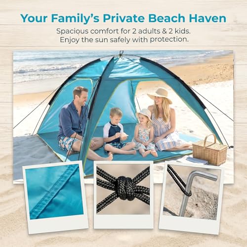 Beach Tent Sun Shelter, Portable Pop Up Beach Tent for 4-5 Person with UPF 50＋ UV Protection, Easy Setup Lightweight Waterproof Ventilation Design Family Sun Shelters for The Beaches