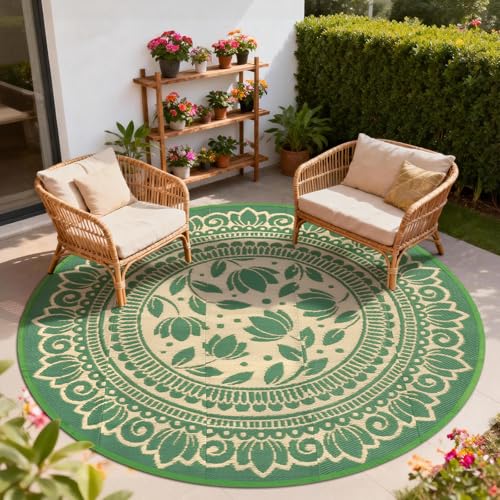 6ft Round Waterproof Outdoor Patio Rug, Reversible Eco-Friendly Plastic Woven Rug, Boho Floral Pattern All-Weather Mat & Picnic Mat for RV, Camping, Deck, Porch, Backyard and Garden, Green - color: Green Flower, size: 6' (Round)