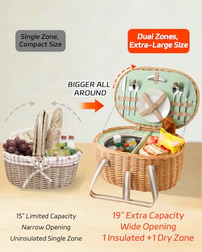 Picnic Basket for 2, Extra Large Wicker Picnic Basket Insulated, Handwoven Vintage Willow Picnic Set, 2 partitions, 8.4 Gal, Portable Camping, Outdoor, Couples Wedding Gifts, Date, Natural - size: Oval with Tableware