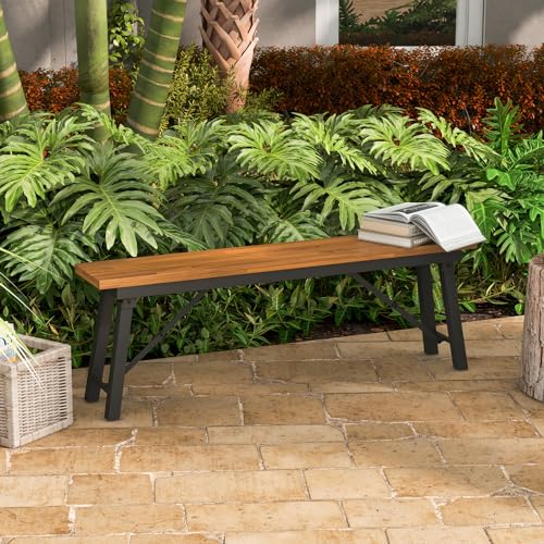 HAPPYGRILL Folding Picnic Bench Set of 2, 55” Long Rectangular Wooden Dining Camping BBQ Benches, Portable Acacia Wood Bench w/Metal Frame, Outdoor Indoor Bench Seat for Porch Garden Yard Patio Deck