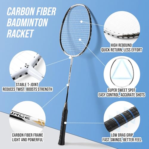 Professional Badminton Set with Carbon Fiber Badminton Rackets Set of 4, Outdoor Portable Badminton Net with Anti-Sag Winch System, 4 Nylon Badminton Shuttlecocks and Bag - color: Yellow