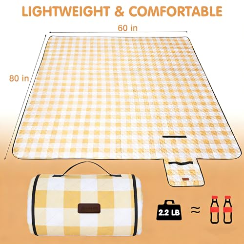 HX&OD Outdoor Picnic Blanket, Extra Large, 80''x60'' Waterproof Foldable Blankets Gingham Picnic Mat for Beach, Camping Grass Lawn Park Accessories Cute Couple Ideas Wedding (Yellow, 80”x60”) - color: Yellow, size: 5' x 6'8" (Square)