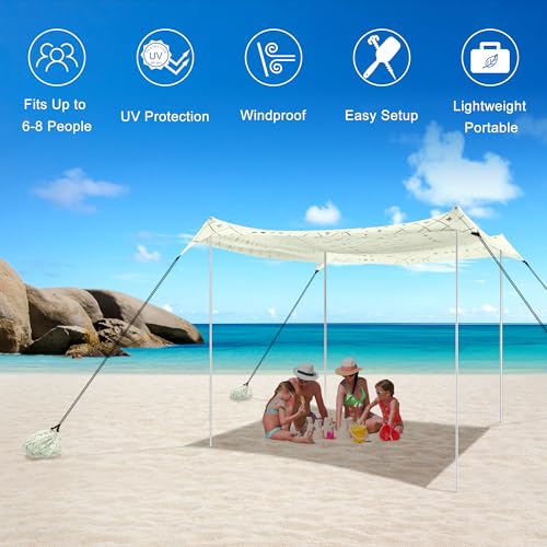 Beach Tent, Beach Canopy Sun Shade UPF 50+, Portable 10×10 FT Camping Sun Shelter with Sandbags, Poles, Ground Pegs and Anti-Wind Rope for Outdoor, Backyard, Picnics, Fishing - color: Geometry Cream