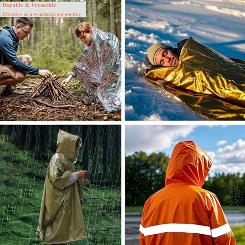 4X Survival Gear kit, Emergency Poncho (2pc), Emergency Space Blanket (2pc), Mylar Liner - Retains 92% Body Heat, for Outdoors, Hiking, Camping, Bug Out Bag, Marathons or First Aid, Car (Green) - color: Green