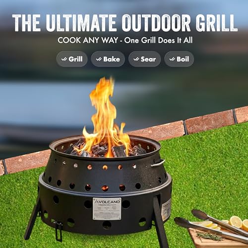 Volcano 2 Collapsible Grill Stove with Fire Pit Burner Ring, Portable Charcoal or Wood Cooker, Propane Fire Ring Conversion, Folding Outdoor Stove with Carrying Case, Compact Steel Camp Bundle - style: Volcano 2 Grill + Fire Pit Burner Ring Kit