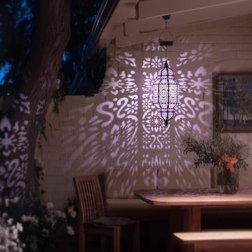 18 Inch High Large Hanging Solar Lights Outdoor Garden Decor, Decorative Waterproof Plastic Moroccan Solar Lantern Lamp, Outside Decorations for Patio Yard Porch Decor, Gardening Gifts for Women Mom - color: Black Purple, size: 1pack