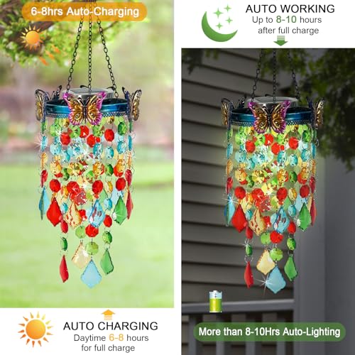 Hanging Solar Lanterns Outdoor Chandelier,Colorful Metal Butterfly with Acrylic Crystal Wind Chimes for Outside,Solar Lights Color Changing LED Outdoor Decorative for Paito,Porch,Yard - color: Butterfly
