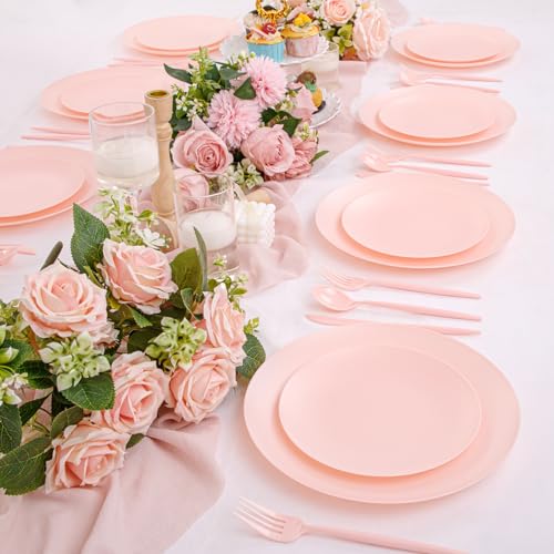 EI 150pcs Pink Plastic Plates Pink Disposable Heavy Duty Plastic Plates for Party Dinnerware Set Pink Plastic Silverware for Party Wedding Afternoon Tea,Spring,Mother's Day,Valentine's Day,Easter - color: Pink Frosted Plastic Plates