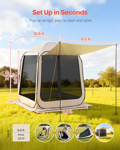 VEVOR Pop Up Screen House Tent, 6 x 6 ft, 4-6 Person Screen Gazebo with Extended Awning, Portable Screened in Canopy with Carry Bag, Netting Sides, for Patio, Backyard, and Outdoor Activities, Beige - color: Beige 1, size: 6×6×7.2 Ft