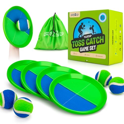 PlayZap Toss and Catch Ball Set - Outdoor Toys for Family Games - Outside Yard Pool Beach Flyball Game for 3 4 5 6 7 8+ Years Old Boys Girls - Classic Birthday Gift for Kids Youth Adults - color: Green 4 Paddles 4 Balls