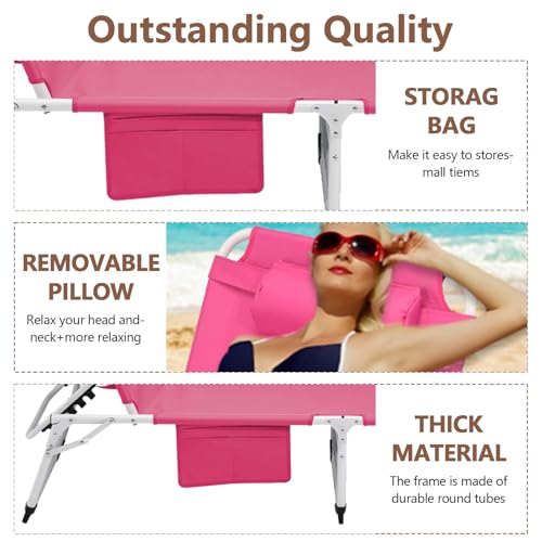 3-in-1 Heavy Duty Tanning Chair with Face Hole Adjustable 5-Position Folding Chaise Lounge Chairs Portable Lay Flat Beach Lounge Chair for Outdoor Sunbathing Patio Pool Lawn Camping Deck (Pink) - color: Pink