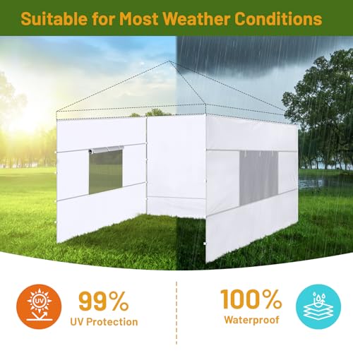3 Pcs 10x10 Canopy Sidewalls with Roll-up Windows for 10x10 Pop Up Canopy Straight Leg Outdoor Instant Canopy Walls Waterproof & UV Protected for Outdoor Event Tents, 3 Sidewalls Only, White - color: White