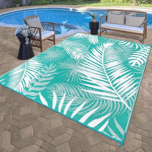 Outdoor Rug 8'x10' Waterproof for Patios Clearance, Reversible Outdoor Plastic Straw Rug Camping Carpet, Outside Floor Mats Large Area Rugs for RV,Patio,Deck,Porch, Beach,Balcony,Teal&White - color: Teal Blue, size: 8' x 10' (Rectangular)