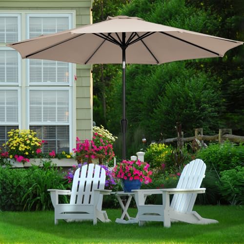 MEWAY 9ft Patio Umbrella Outdoor Table Umbrellas with Push Button Tilt and Crank, Market Umbrella 8 Sturdy Ribs for Deck, Garden, Pool and Backyard, Beige - color: Beige, size: 9ft