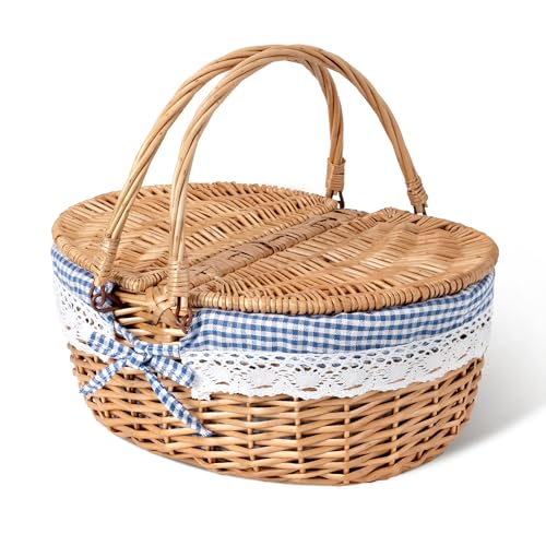 GRANNY SAYS Wicker Picnic Basket for 2 with Handles, Woven Cute Boo Basket with Washable Liner & Dual-Flip Lid, Vintage Large Picnic Baskets for Camping, Outdoor, Gift, Blue and White Checkered Liner - color: Blue