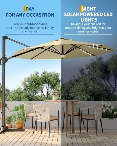 9ft Outdoor Patio Umbrella Heavy Duty 8 Ribs, Waterproof UV Protection Sun Shade with Crank Lift & Push Button Tilt, Outdoor Umbrella for Deck, Pool, Garden, Backyard, Lawn - color: Beige&Round-Lights, size: 10FT Roman