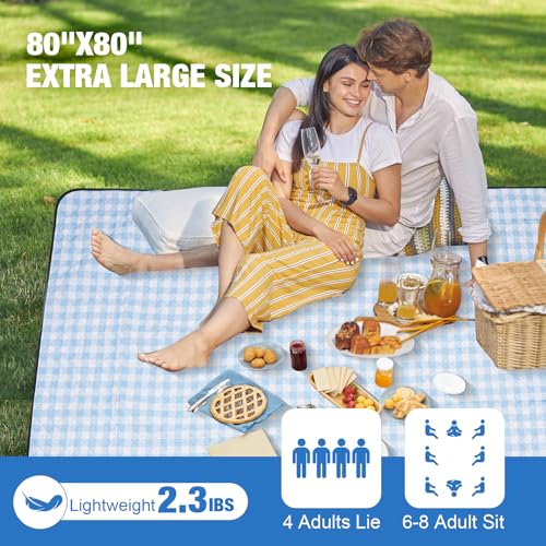 G GOOD GAIN Picnic Blankets Outdoor Extra Large - 80"x80" Portable Waterproof Picnic Blanket, Machine Washable 3-Layer Foldable Park Mat with Sandproof Backing for Grass, Hiking, Travel (Sky Blue) - color: Skyblue