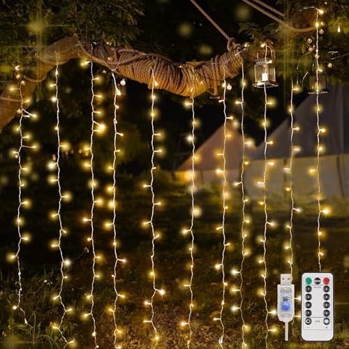 suddus Curtain Lights for Bedroom, 200 Led Hanging String Light Outdoor, Fairy Curtain Lights Indoor for Christmas, Dorm, Wall, Backdrop, Window, Wedding, Party, Birthday Decor, Warm White - color: Warm White, size: USB-200 LED
