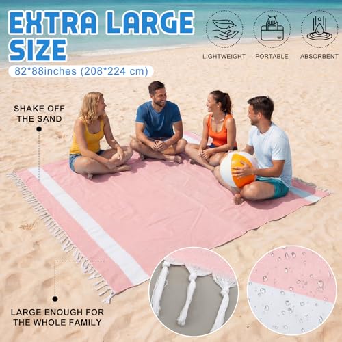 HunnmingRe 1 Pcs 82 x 88 Inch Extra Large Magnetic Beach Towel Oversized Turkish Blanket Cotton XXL Sandproof Towels Huge Big Giant Throw Quilt Blankets for Adult Picnic Camping Travel Pool (Pink) - color: Pink, size: 82 X 88 Inch