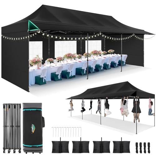 COBIZI 10x30 Pop Up Canopy Tent with Awning & Sidewalls, Heavy Duty Commercial 10X30 Canopy Tents Instant Waterproof, UPF 50+ Sun Shade for Outdoor, Parties, Markets (Black) - color: Black, size: 10x30FT with 5 Sidewalls & 3 Awning Cloth