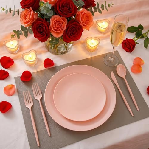 EI 150pcs Pink Plastic Plates Pink Disposable Heavy Duty Plastic Plates for Party Dinnerware Set Pink Plastic Silverware for Party Wedding Afternoon Tea,Spring,Mother's Day,Valentine's Day,Easter - color: Pink Frosted Plastic Plates