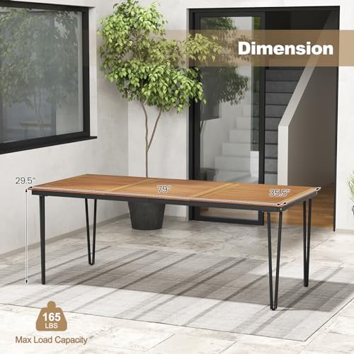 Tangkula 79 Inch Outdoor Dining Table for 8, Acacia Wood 8-Person Patio Table with 1.9 Inch Umbrella Hole, Metal Legs & Adjustable Foot Pads, Rectangular Outside Table for Garden, Poolside & Backyard - size: 79"