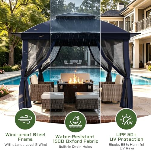 11'X11' Gazebo Pop Up with 4 Sidewalls Mosquito Netting, Heavy Duty Patio Gazebo Canopy Tent with Double Air Roofs for Backyards, Patios, Decks, Gardens, Parks - color: Dark Blue Top