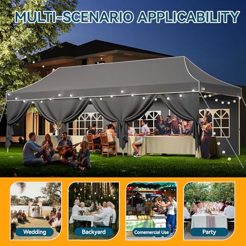 Hoteel 10x30 Pop Up Canopy Tent Heavy Duty with 8 Sidewalls, Waterproof Party Tent, Easy Set-up Commercial Instant Tents with Hand Bag, Rope & Nail, Hexagonal Leg (1-Year Warranty) - color: Gray, size: 10×30 （8 Walls）