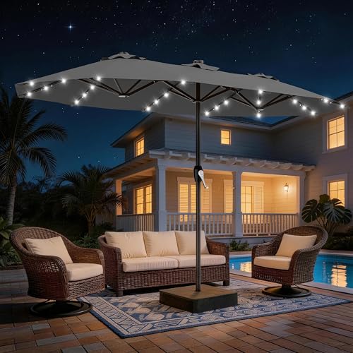 AreShark 15FT Patio Umbrella with Solar Lights, Double Sided Outdoor Table Umbrellas with Crank, Large Rectangular Market Umbrella for Porch, Lawn, Pool, Backyard, Gray - color: Gray, size: 9x15 Ft