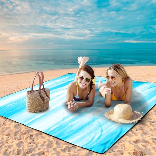 WIWIGO Beach Blanket Waterproof Sandproof Beach Mat 79" X 83"/10'x9'for 2-8 Adults Quick Drying Outdoor Picnic Mat Beach Accessories for Travel, Camping, Hiking - color: Blue and White Splattered With Color, size: 120" X 108"（1-8person）