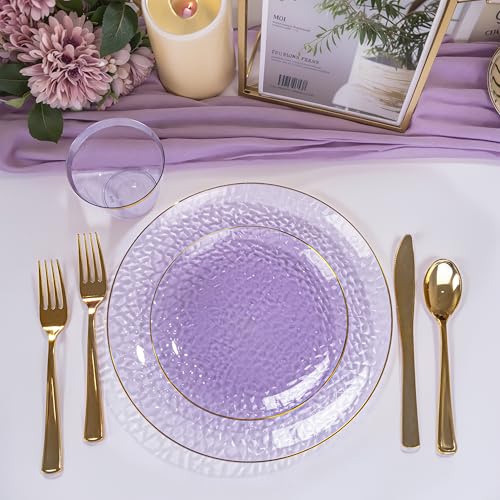 DaYammi 350 Pcs Clear Purple Gold Plastic Plates, Hammered Disposable Dinnerware, Clear Purple Plates Set Include 100 Plastic Platos, 150 Gold Disposable Silverware, 50 Cups And 50 Napkins for Party - color: Clear Purple, size: 350 Pcs
