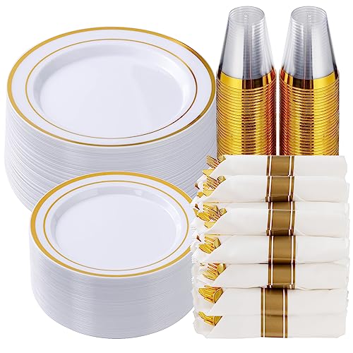 Goodluck 350 Piece Gold Plastic Dinnerware Set for 50 Guests, Fancy Disposable Plates for Party, Include: 50 Dinner Plates, 50 Dessert Plates, 50 Pre Rolled Napkins with Silverware, 50 Cups - color: Gold, style: 350 Piece (50 guests)