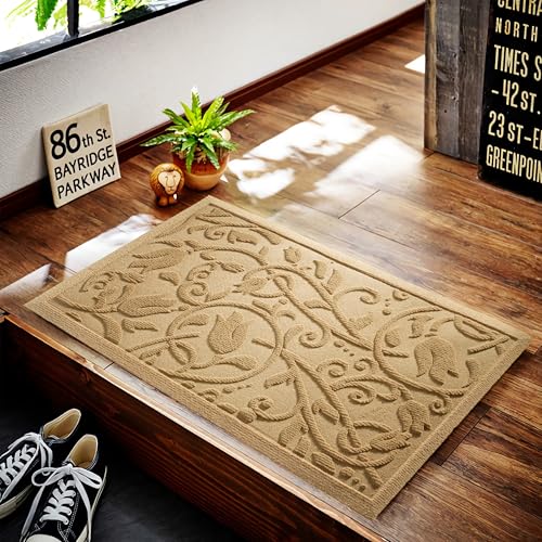 Boho Beige Floral Leaves Outdoor Indoor Entrance Doormats, Absorbent Durable Heavy Duty Welcome Front Door Mat,Thick Natural Rubber Back,Easy Clean Entryway Mat 23x35 Inch, Low Profile - color: Tulip-beige, size: 1'11" x 2'11" (Rectangular)