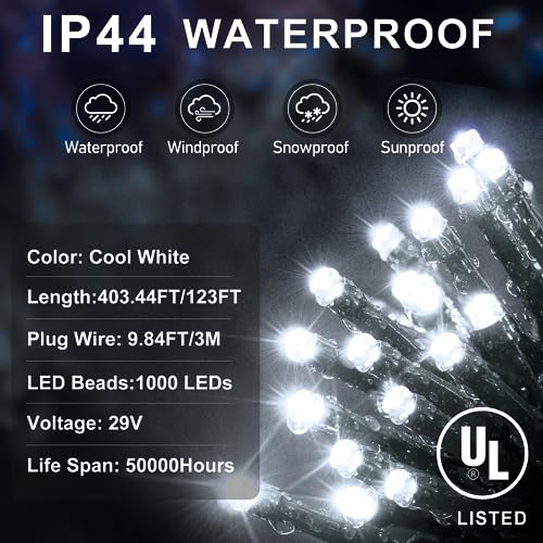 KNONEW 403FT 1000 LED Christmas Lights Outdoor String Light 8 Modes & Timer Fairy Lighting Plug in Waterproof for Xmas Yard Tree Wedding Party Holiday Decorations (Cool White) - color: Cool White, size: 403FT 1000 LED Dark Green Wire