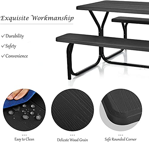 Hysache Picnic Table Bench Set, Patio All Weather Metal Base Camping Set w/Wood Texture Tabletop, Steel Frame, Large Tables for Backyard Poolside Garden Lawn (Black) (OP3499) - color: Black