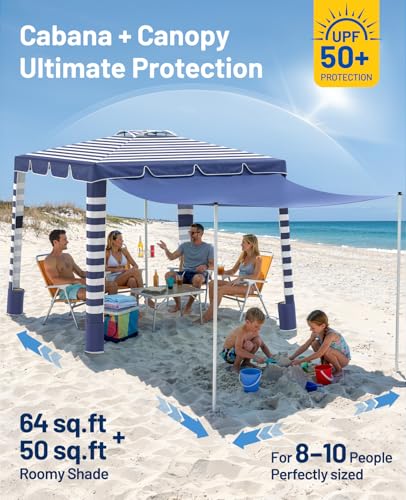Rhino Valley Beach Cabana, 120 Sq. Ft Beach Canopy UPF50+ Protection, Easy Setup & Adjustable Height Beach Tent Sun Shelter with Cup Holder, Portable for 4-8 People, Blue & White Stripes - color: Blue & White Stripes
