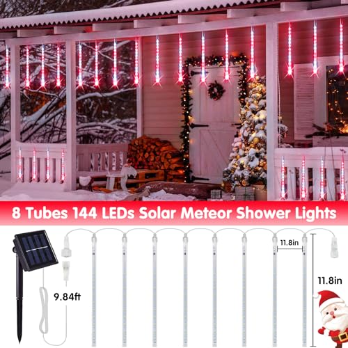 JMEXSUSS Red and White Solar Meteor Shower Rain Lights, 8 Tube 144 LED Solar Christmas Lights for Party Holiday Yard Patio Decorations - color: Red&White, size: 1*144LED